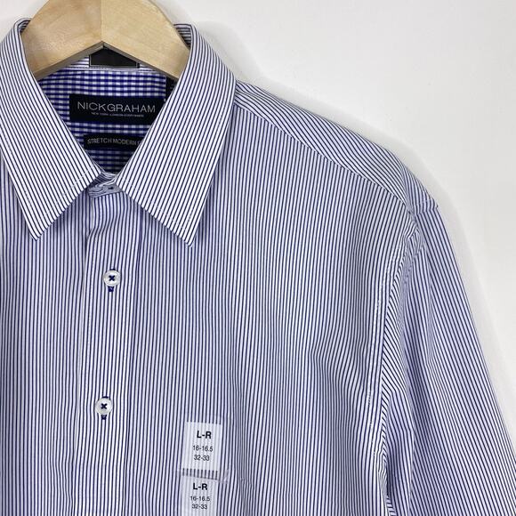 Nick Graham Stretch Modern Fit Blue Stripe Button Up Shirt Sz L Dressy Corpcore - Picture 3 of 8